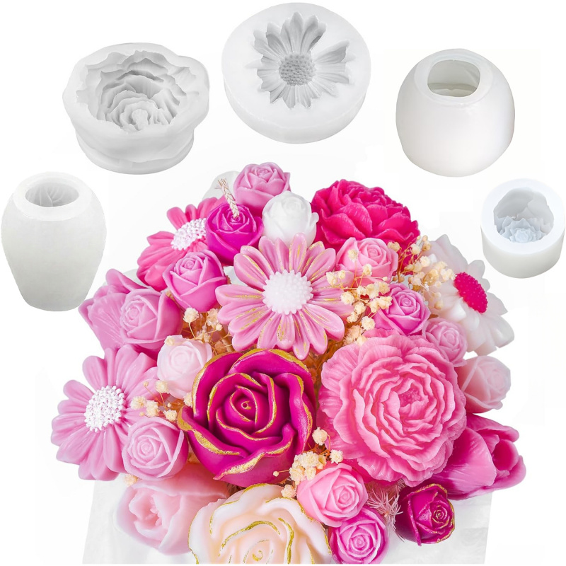 Candle Making Kits - 5Flower Candle Mold Set，3D Floral silicone